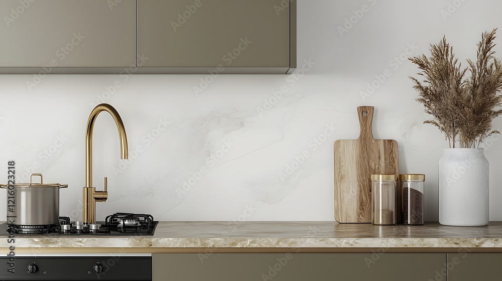 Aufkleber bright and airy luxury kitchen interior with a golden faucet sleek cooktop and a spacious empty coun