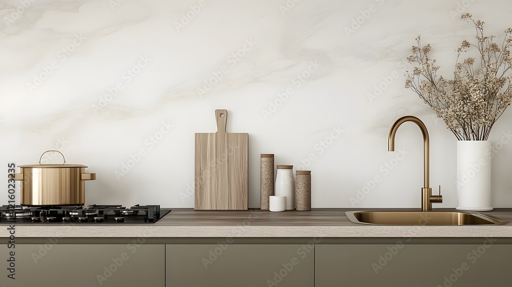 Poster bright and airy modern kitchen interior with a golden faucet sleek stove and a spacious empty counte