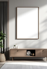 a large blank picture frame hanging on the wall above a wooden entertainment center with two drawers. Cozy modern living room with photo frame design