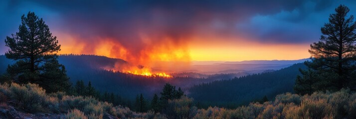 Obraz premium A dramatic sunset illuminates a wildfire raging in the mountains, contrasting with dark clouds and silhouetted trees in the foreground.