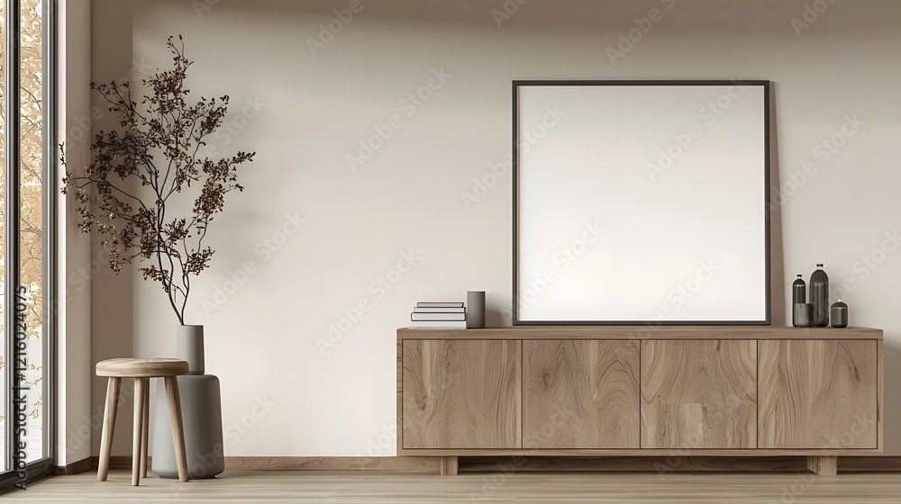 Poster elegant minimalist interior space with a wooden cabinet and blank wall offering a clean and modern e