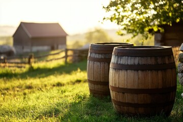 Obraz premium Old wooden barrels in sunlit fields on a scenic farm nature photography vibrant landscape rustic environment tranquil viewpoint capturing farm life