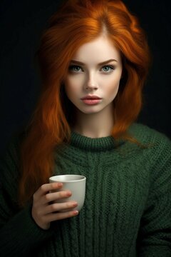 beautifull redhead eith bang girl in green sweter with cup of hot coffe 