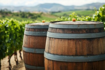 Fototapeta premium Rustic wine barrels amidst lush vineyard landscape captured in natural light showcasing the essence of winemaking tradition in an outdoor setting