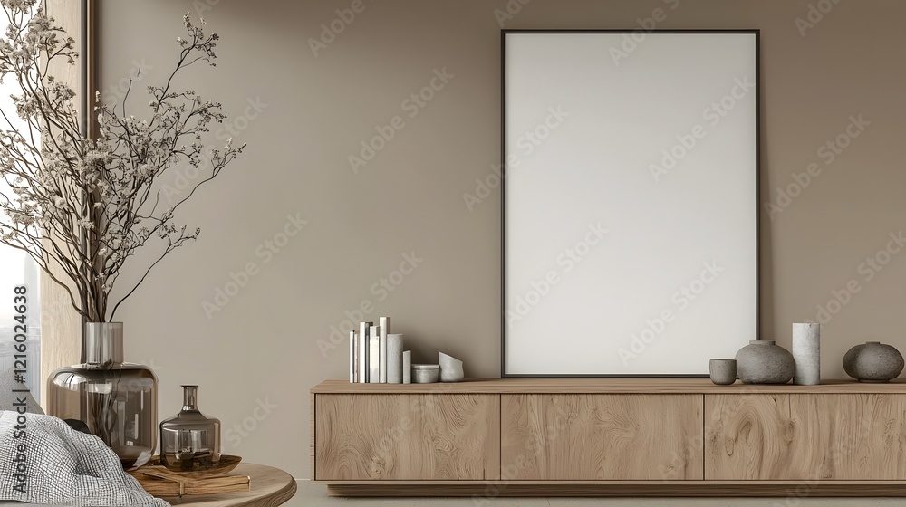 Poster elegant minimalist interior design with a stylish wooden cabinet placed against a blank wall providi