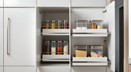 A modern kitchen pantry with organized shelves featuring various containers and jars, showcasing a clean and efficient storage solution.