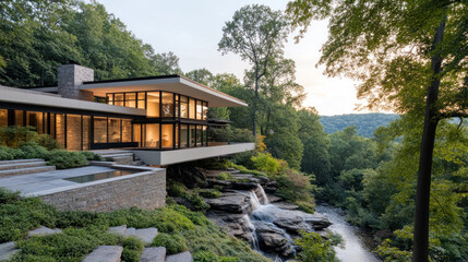 A modern house with large glass walls by waterfall