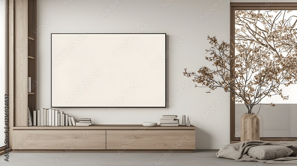 Poster minimalist interior design with a clean simple wooden storage unit and plain warm toned wall offerin