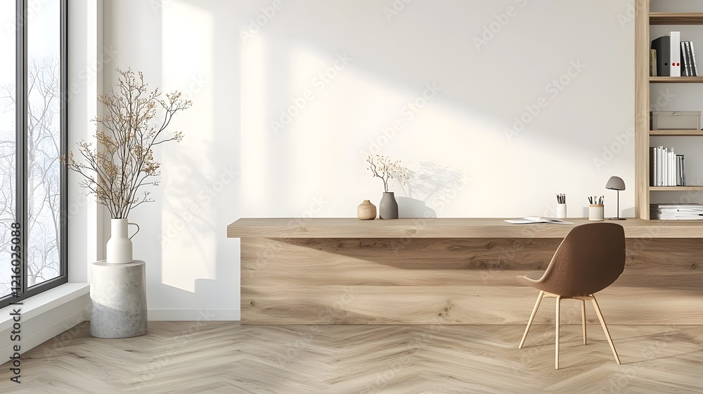 Aufkleber Minimalist and Clean Office Workspace Setup with Wooden Desk and Blank White Wall Background Ideal for Productivity Organization and Sophisticated Interior Design