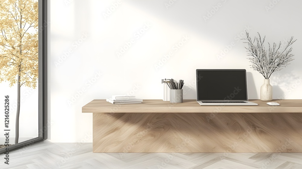 Aufkleber Bright and Calm Office Space with Wooden Work Desk and Plain Wall Creating a Productive and Contemporary Work Environment