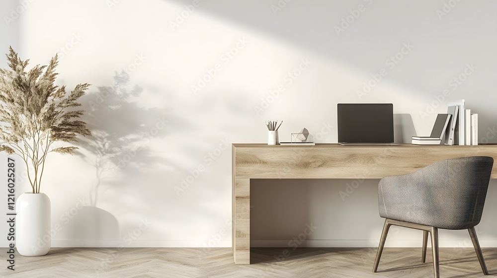 Poster a clean and functional workspace featuring a wooden desk against a neutral blank wall designed for e