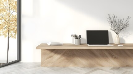 Bright and Calm Office Space with Wooden Work Desk and Plain Wall Creating a Productive and Contemporary Work Environment