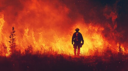 A firefighter stands bravely against a backdrop of roaring flames, representing courage amid the devastating challenges of wildfires.