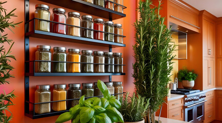 A vibrant kitchen features an organized spice rack on a bold orange wall, complemented by fresh herbs in pots, creating a lively culinary atmosphere.