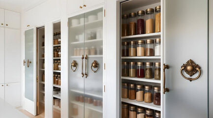 A modern pantry featuring glass-fronted cabinets filled with neatly arranged jars, showcasing a blend of functionality and elegant design.