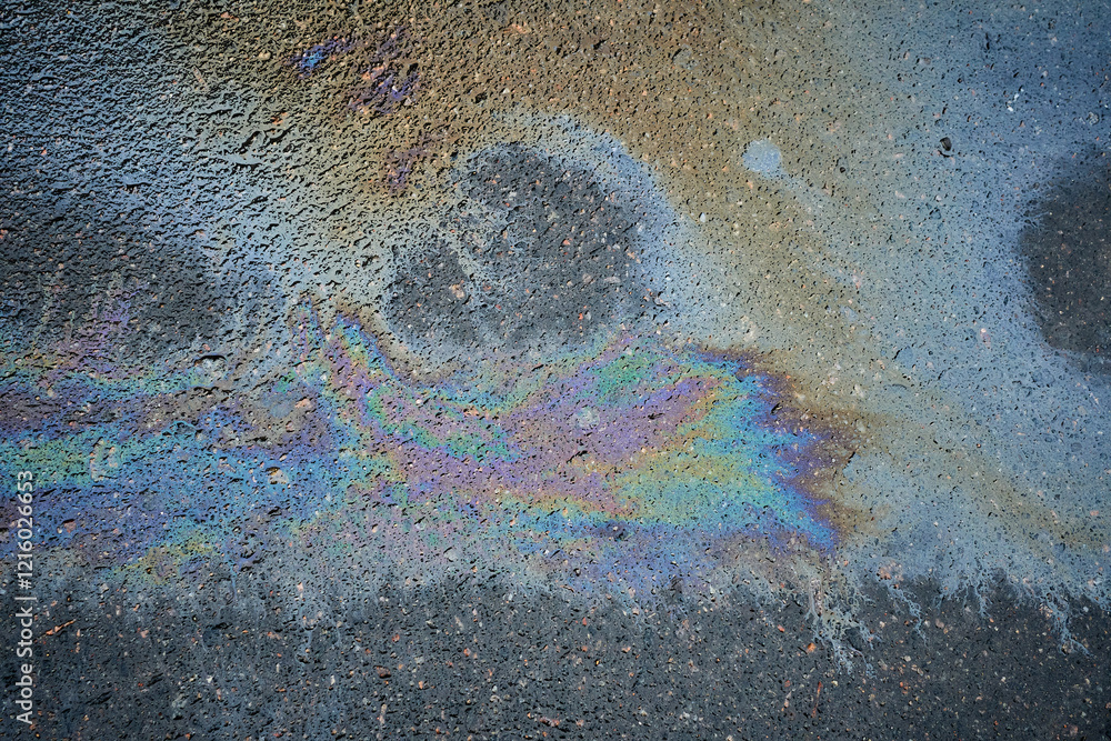 Wall mural Close-up of colorful gasoline stains on the pavement, revealing the beautiful texture and hues that create a striking background.