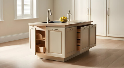 A modern kitchen island with a sleek design, featuring soft-colored cabinetry, a sink, and decorative fruit on top, set in a bright, minimalist space.