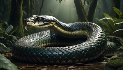 Obraz premium Magnificent Jungle Serpent: A 3D Render of a Majestic Snake in its Lush Habitat