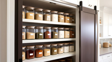 A neatly organized pantry featuring labeled jars of various spices and ingredients on wooden shelves.