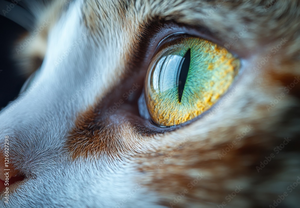 Poster close-up of a cat's eye capturing intricate details and vibrant colors, showcasing beautiful pattern