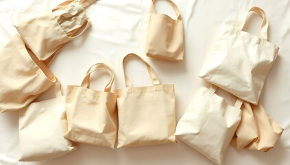 "Unbranded Eco-Friendly Grocery Bags with Blank Surface" &ndash; A mockup showcasing plain eco-friendly tote bags made of jute or cotton, displayed on a clean, neutral-toned background.
