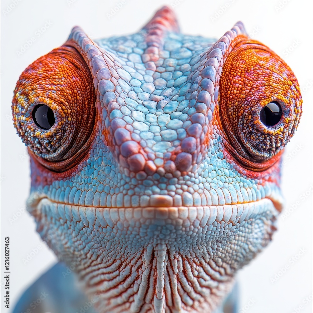 Poster close-up of a colorful lizard with vibrant patterns and textures, showcasing its unique eyes and ski