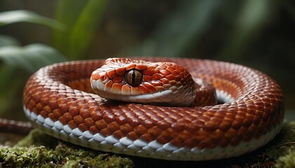 Obraz premium Stunning Close-Up of a Coiled Red Snake in Lush Green Foliage