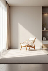 a comfortable chair with a woven seat and back, placed on a white rug. Cozy modern living room with photo frame design