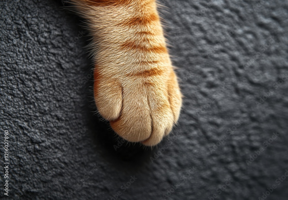 Poster close-up of a ginger cat's paw resting on a textured gray surface highlighting the unique fur patter