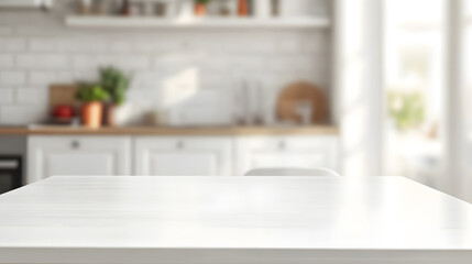 Empty white marble table top and blurred kitchen background, product display montage