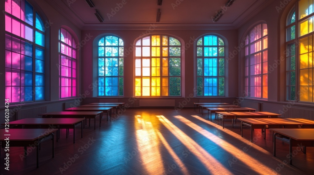 Poster sunlight streaming through colorful windows in classroom