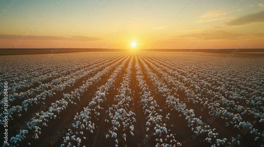 Canvas Prints Sunset over vast cotton field, rows of plants, golden hour light.