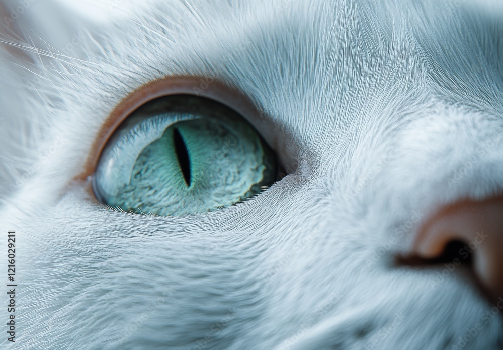 Poster close-up view of a white cat’s eye with intricate details and captivating color grading highlighting