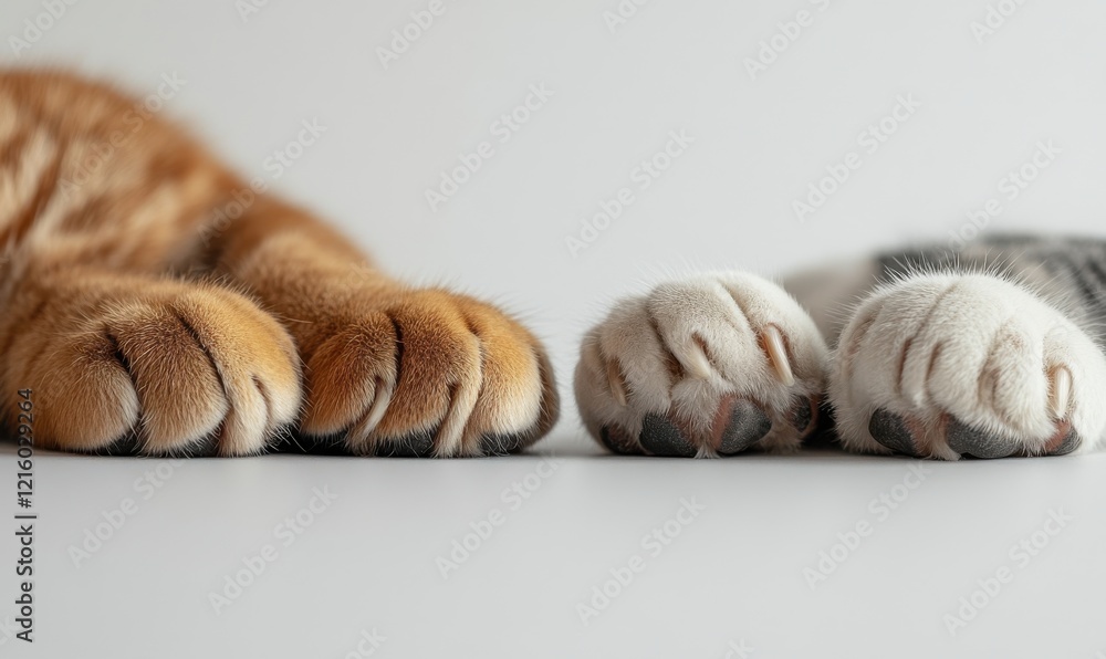 Poster close-up view of adorable cat paws resting on a flat surface, showcasing two different coat patterns