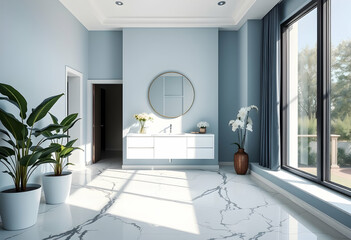 Luxurious modern bathroom, light blue walls, white marble floors, freestanding bathtub, large windows, natural light, round mirror, white vanity, potted plant, minimalist design, spacious, airy, clean