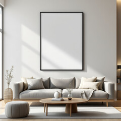 a gray sofa with white pillows, a wooden coffee table, and a large blank picture frame on the wall above the sofa. Cozy modern living room with photo frame design