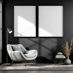 a gray armchair with a white pillow, a floor lamp, and two blank picture frames on the wall. Cozy modern living room with photo frame design