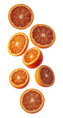 Blood orange slices in mid-air png isolated on transparent background