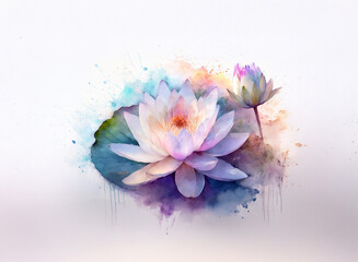 Fototapeta premium Two water lilies, painted in watercolor style, bloom against a soft, light background. The blossoms display pastel hues and subtle watercolors splatters.