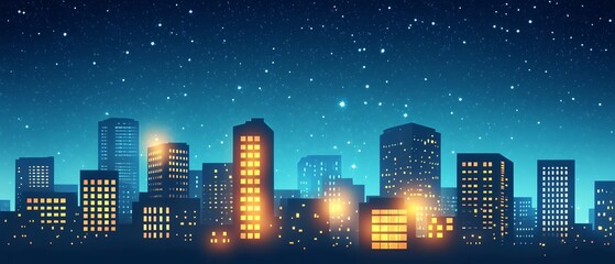 City skyline with glowing buildings at night.