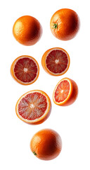 Blood orange slices in mid-air png isolated on transparent background