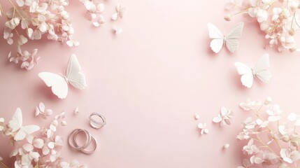 Elegant composition with white butterflies, rings, and flowers on a soft pink background