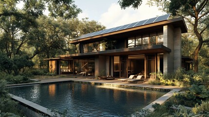 Obraz premium Modern house with pool and solar panels.