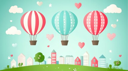 Naklejka premium Three pastel hot air balloons floating over a whimsical town