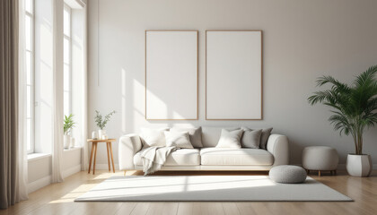 a white sofa with two white pillows, a gray rug, and a large window with white curtains. Cozy modern living room with photo frame design