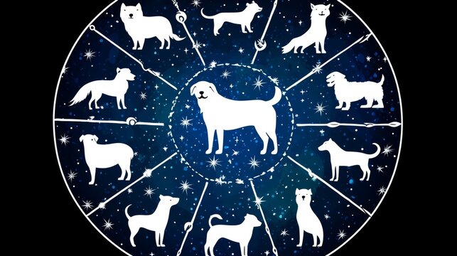 Zodiac Wheel Featuring Twelve Dog Breeds on a Starry Night