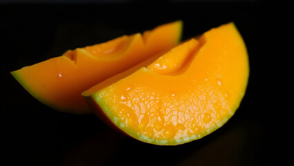 A ripe mango slice with golden-orange flesh, set against a dark background, showcasing its vibrant color, texture, and tropical allure.