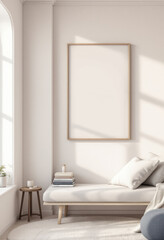 a beige white sofa with three pillows, a round coffee table, and a large blank picture frame on the wall. Cozy modern living room with photo frame design