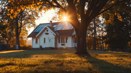 Fototapeta premium Solar Panels Gleaming on a Charming Cottage at Sunset with Autumn Trees