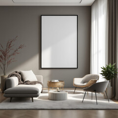 a gray sofa, a round coffee table, and two armchairs, all arranged on a gray rug. Cozy modern living room with photo frame design